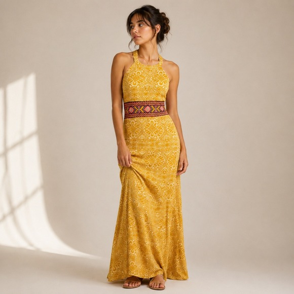 Prana Dresses & Skirts - Prana Skye Maxi Dress Womens M Yellow Paisley Halter Built-in Bra Granola Boho